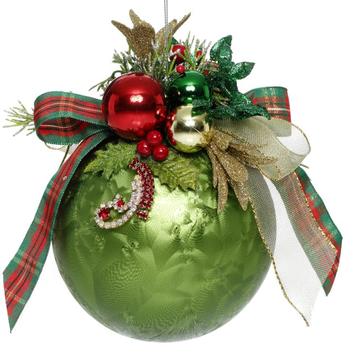 Floral Jeweled Ball Ornament, Frosted, Dark Green 6"