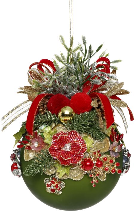 Floral Jeweled Ball Ornament, Green - 5"