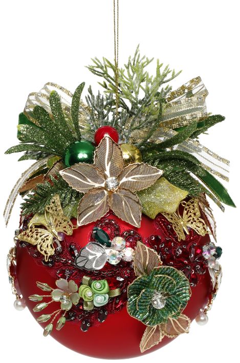 Floral Jeweled Ball Ornament, Red - 5"