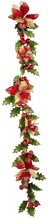 Holly Leaf with Balls and Poinsettia Garland 6FT