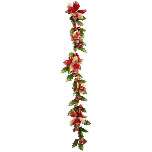 Holly Leaf with Balls and Poinsettia Garland 6FT