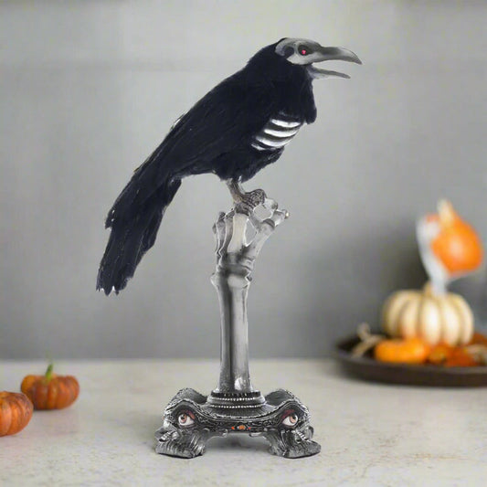 Crow on Skeleton Hand Perch 15"