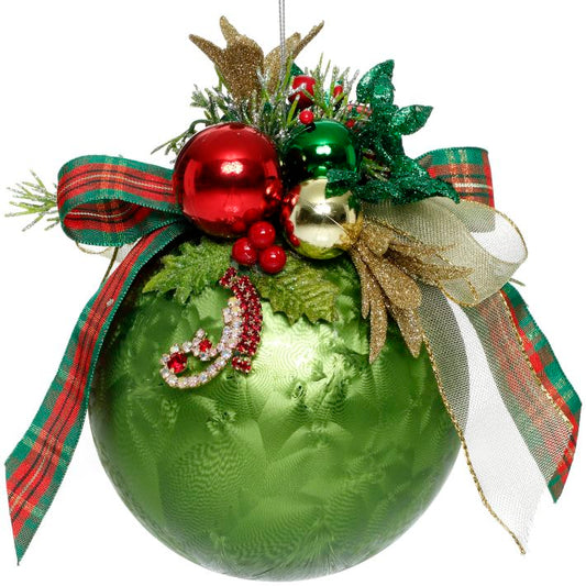 Floral Jeweled Ball Ornament, Frosted, Dark Green 6"