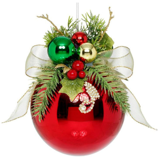 Floral Jeweled Ball Ornament, Shiny, Red 6"