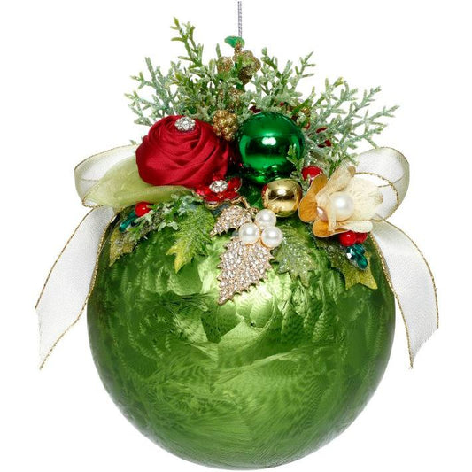 Floral Jeweled Ball Ornament, Frosted, Dark Green 8"