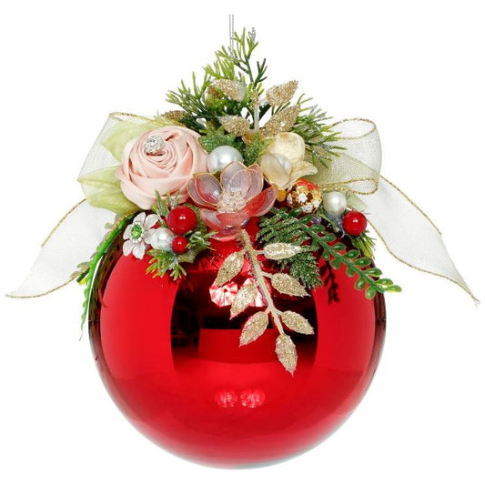 Floral Jeweled Ball Ornament, Shiny, Red 8"