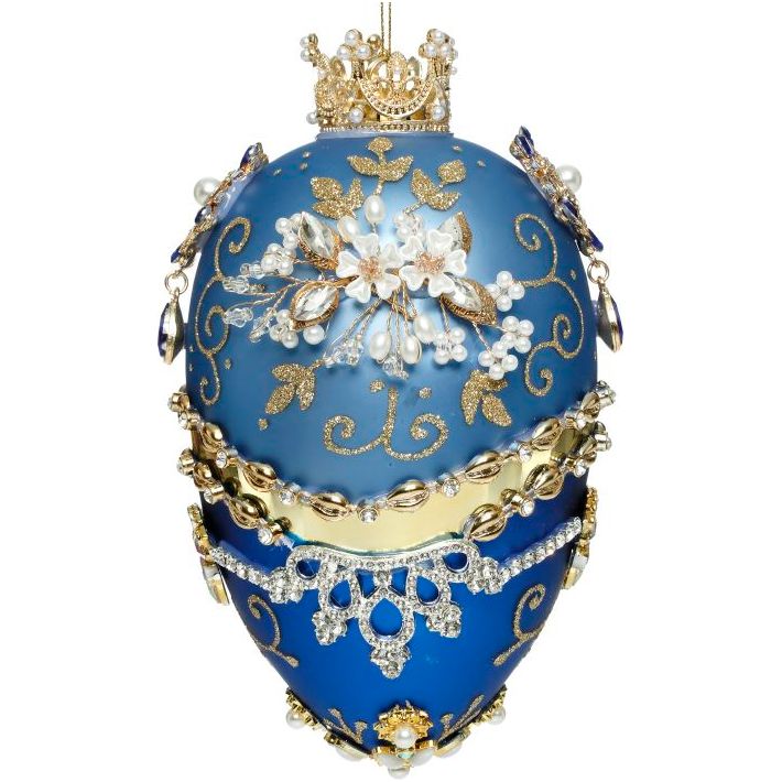 Faberge Jeweled Egg Ornament, Blue 7.5"