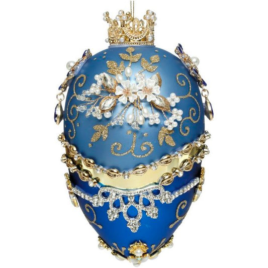 Faberge Jeweled Egg Ornament, Blue 7.5"