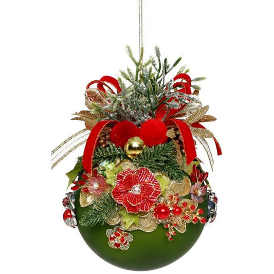 Floral Jeweled Ball Ornament, Green - 5"