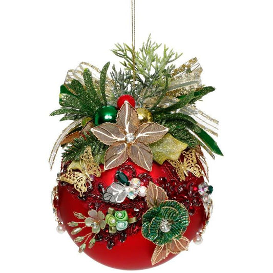 Floral Jeweled Ball Ornament, Red - 5"