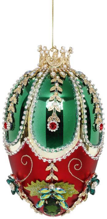 Faberge Jewel Egg Ornament , Green/Red - 7"