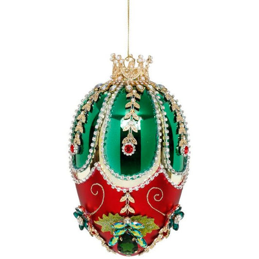 Faberge Jewel Egg Ornament , Green/Red - 7"