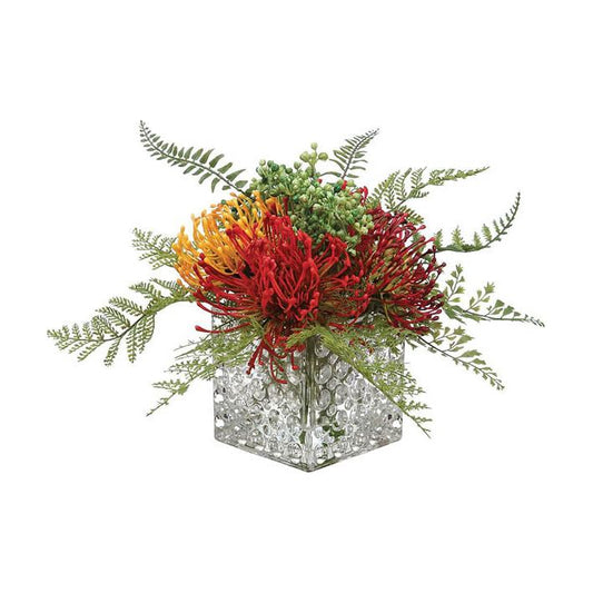 Protea/Fern/Glass Vase 10"